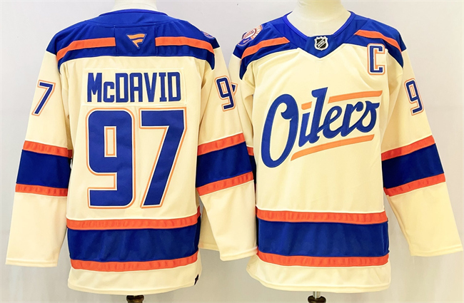 Men's Edmonton Oilers #97 Connor McDavid Light Beige 2025 Alternate With C Patch Stitched Hockey Jersey